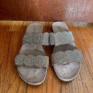 Bedazzled Double-Strap Women's Slide Sandals - Brown